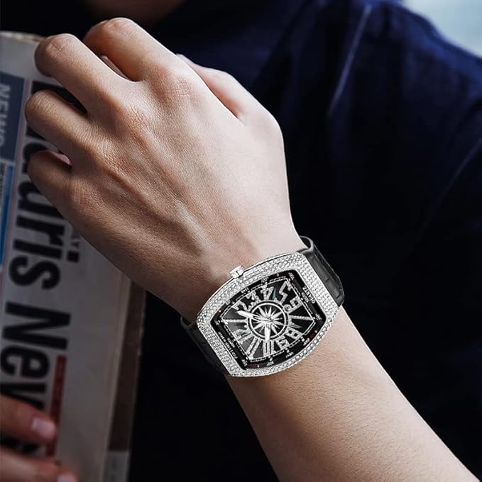 FANMIS Men’s Skull Watch – Punk Diamond Dial, Leather Strap, Calendar Quartz