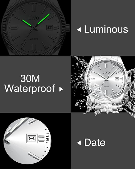CIVO Men’s Stainless Steel Analog Watch – Classic Date, Waterproof Quartz