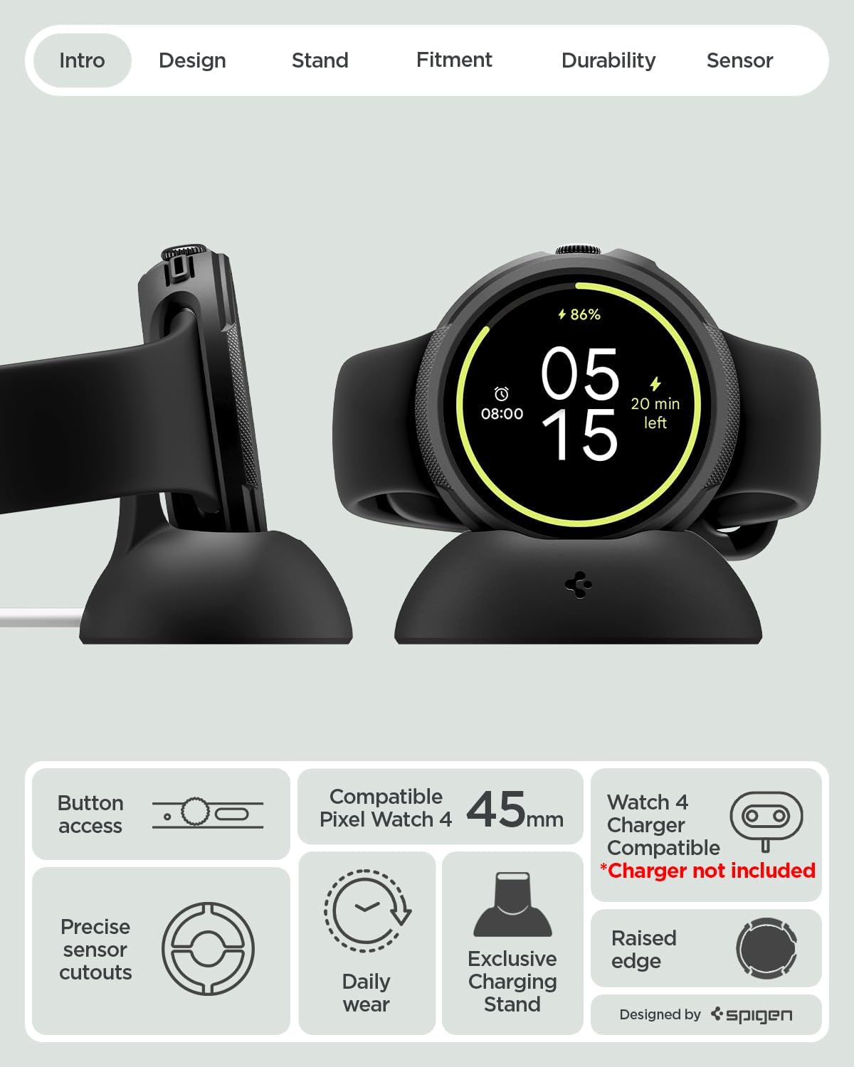 Spigen Liquid Air Case with Charger Stand for Pixel Watch 4 (45mm) – Matte Black