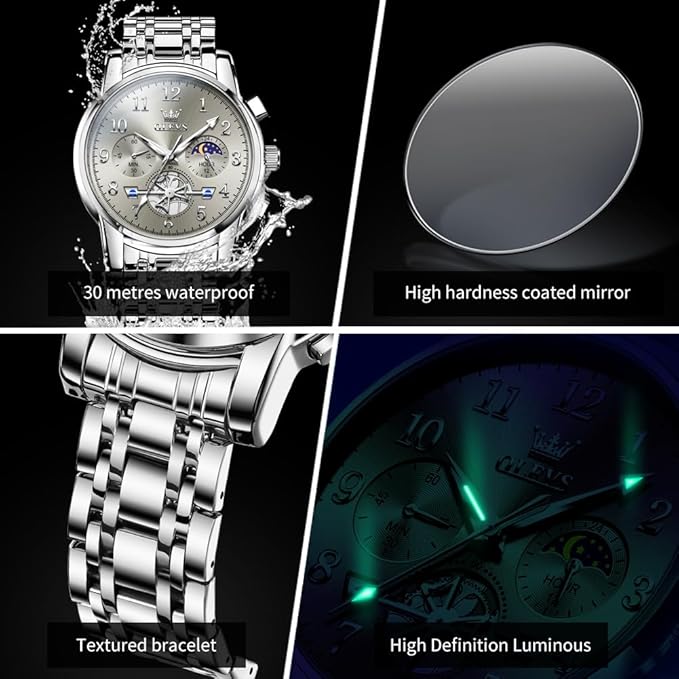 OLEVS Men’s Luxury Chronograph Watch, Stainless Steel, Waterproof