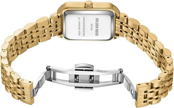 GOLDEN HOUR Women’s Rectangular Quartz Watch Gold Tone Stainless Steel Bracelet