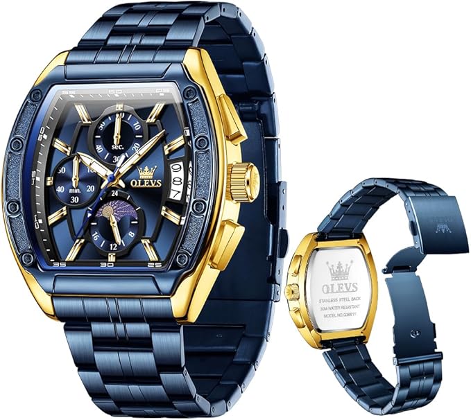 OLEVS Men’s Luxury Two-Tone Chronograph Watch – Moon Phase, Waterproof, Big Face