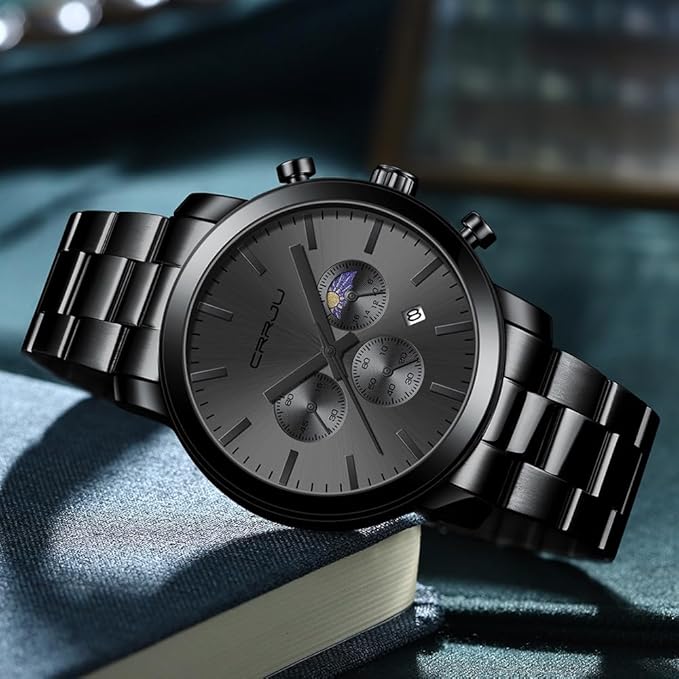 CRRJU Watches for Men Luxury Business Stainless Steel Waterproof Calendar Chronograph Analog Quartz Wristwatches