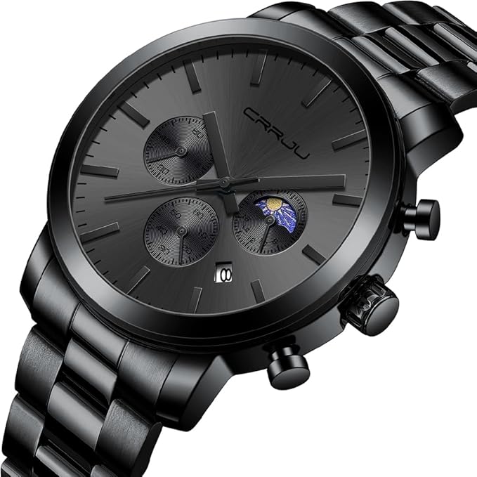 CRRJU Watches for Men Luxury Business Stainless Steel Waterproof Calendar Chronograph Analog Quartz Wristwatches
