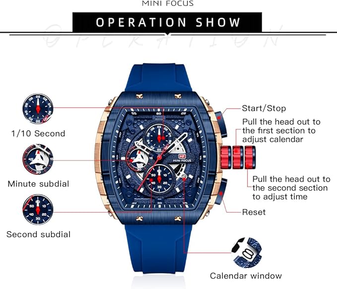 Mini Focus Men’s Sport Chronograph Watch – Quartz, Waterproof, Luminous, Calendar, Silicone Strap