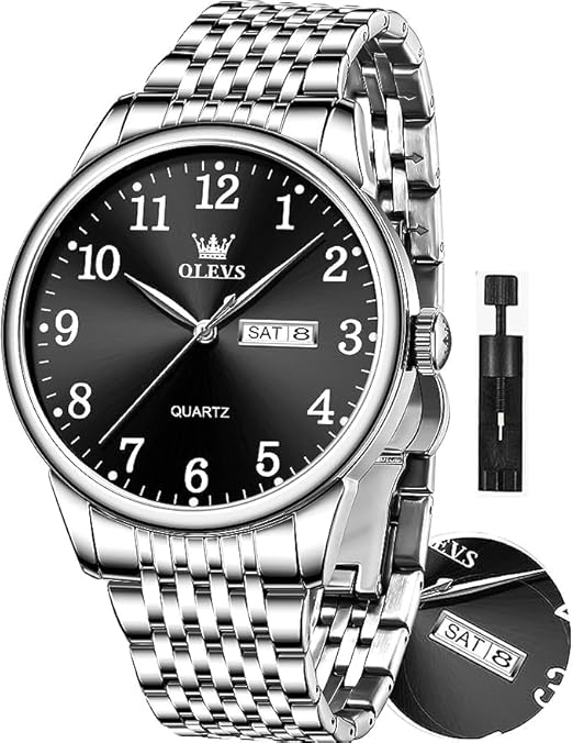 OLEVS Men’s Big Face Stainless Steel Quartz Watch – Day & Date