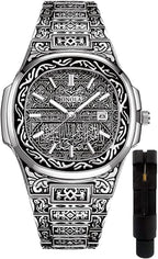 Retro Men’s Quartz Watch – Tattoo Pattern Stainless Steel, Waterproof