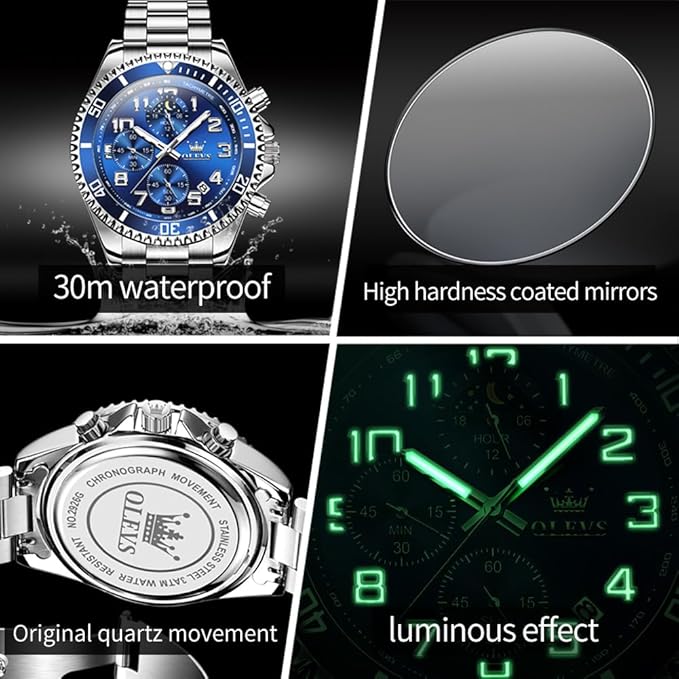OLEVS Men’s Luxury Chronograph Watch – Moon Phase, Waterproof, Stainless Steel