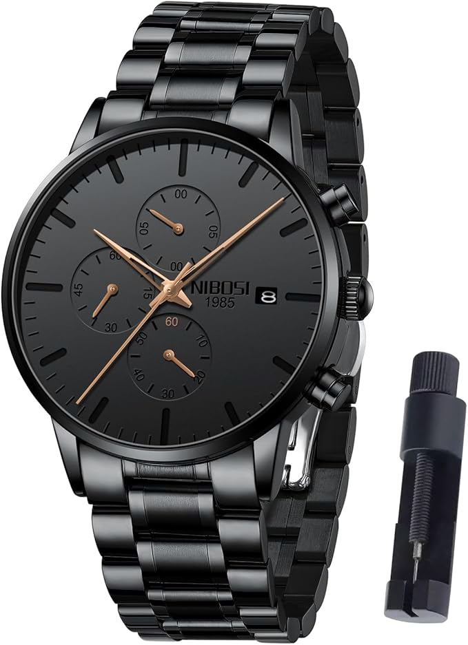 NIBOSI Men’s Chronograph Watch – Black Military, Stainless Steel, Calendar