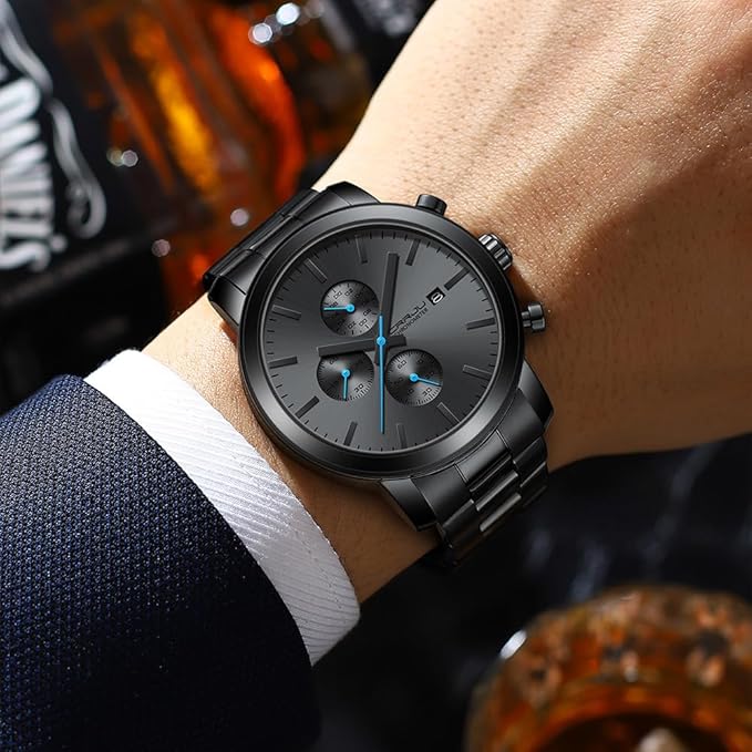 CRRJU Watches for Men Luxury Business Stainless Steel Waterproof Calendar Chronograph Analog Quartz Wristwatches
