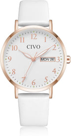CIVO Women’s Leather Analog Watch – White, Waterproof, Elegant Fashion Wristwatch