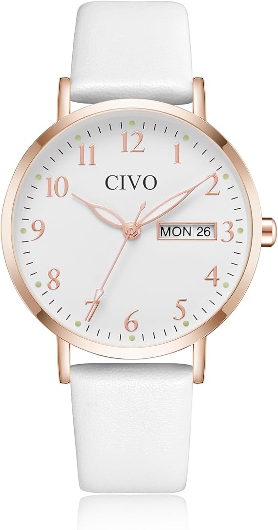 CIVO Women’s Leather Analog Watch – White, Waterproof, Elegant Fashion Wristwatch