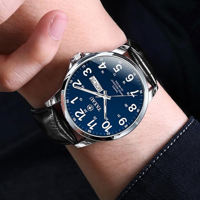 Men’s Luxury Leather Quartz Watch – Waterproof, Large Face, Date