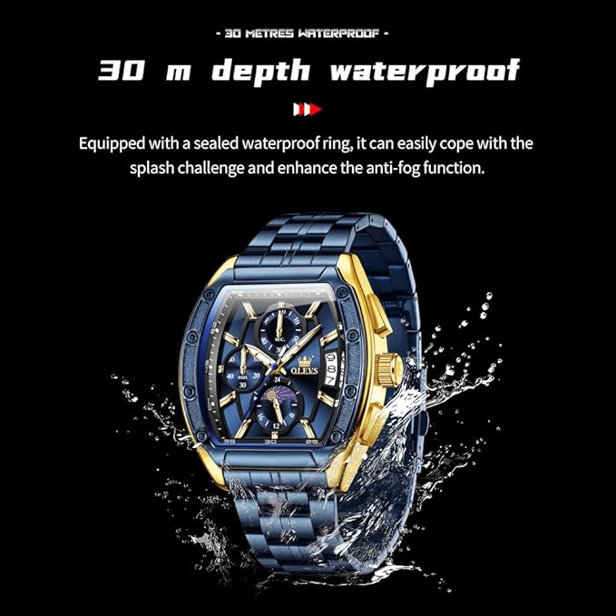 OLEVS Men’s Luxury Two-Tone Chronograph Watch – Moon Phase, Waterproof, Big Face