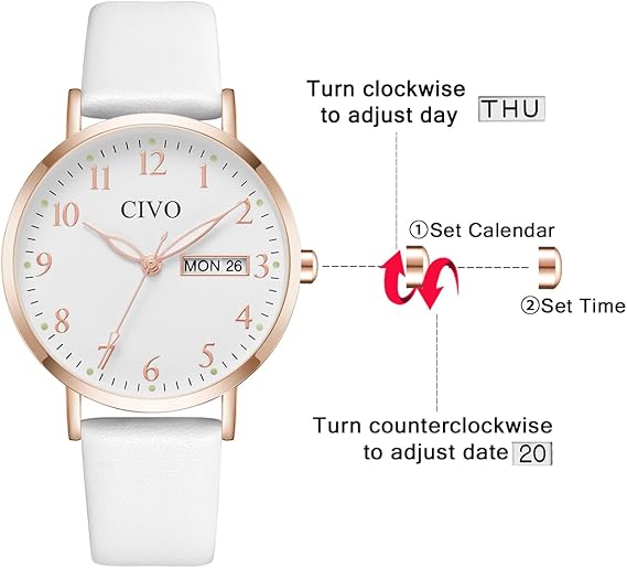CIVO Women’s Leather Analog Watch – White, Waterproof, Elegant Fashion Wristwatch
