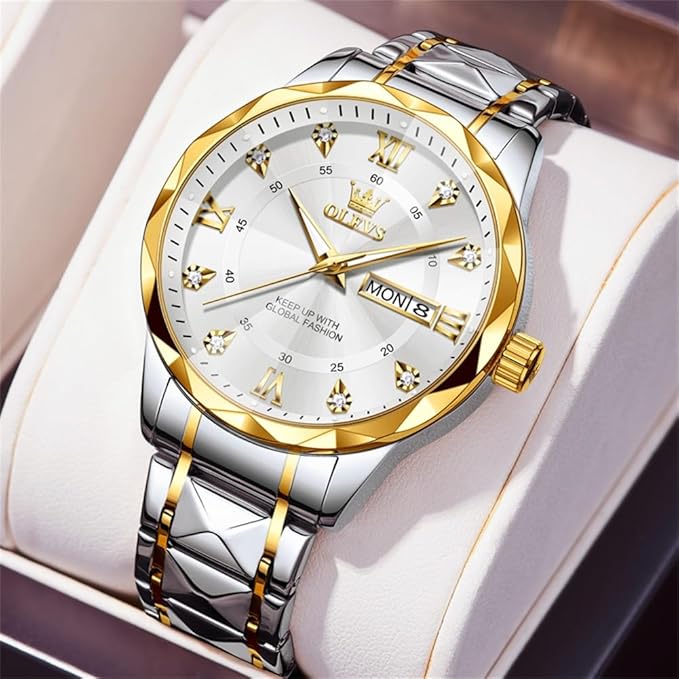 Olevs Men's Luxury Dress Watch: Stainless Steel, Waterproof, Day/Date, Diamond Accents