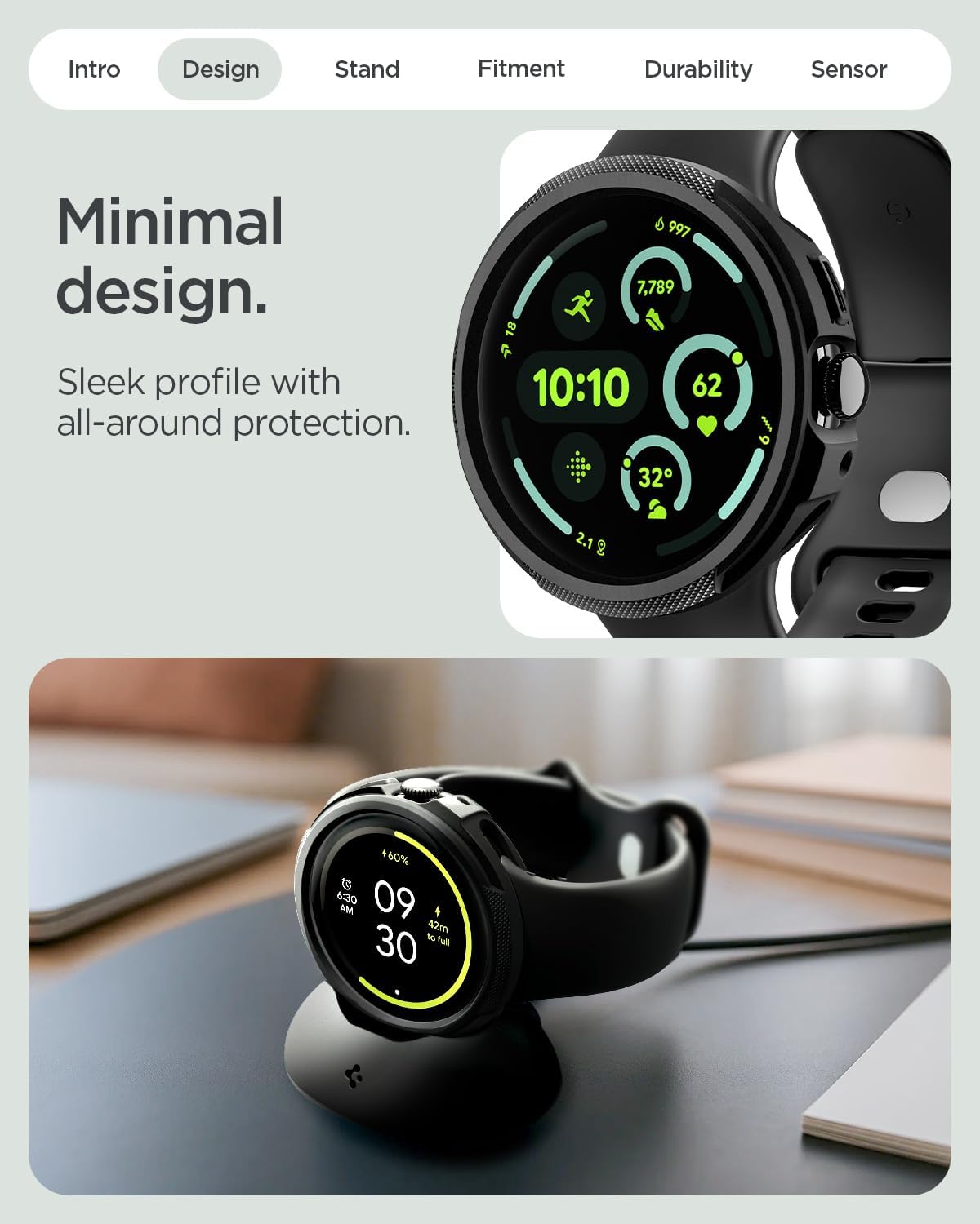 Spigen Pixel Watch 4 Case + Charger Stand, Liquid Air 45mm, Matte Black