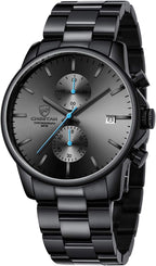 GOLDEN HOUR Men’s Watch, Black Stainless Steel, Chronograph & Waterproof
