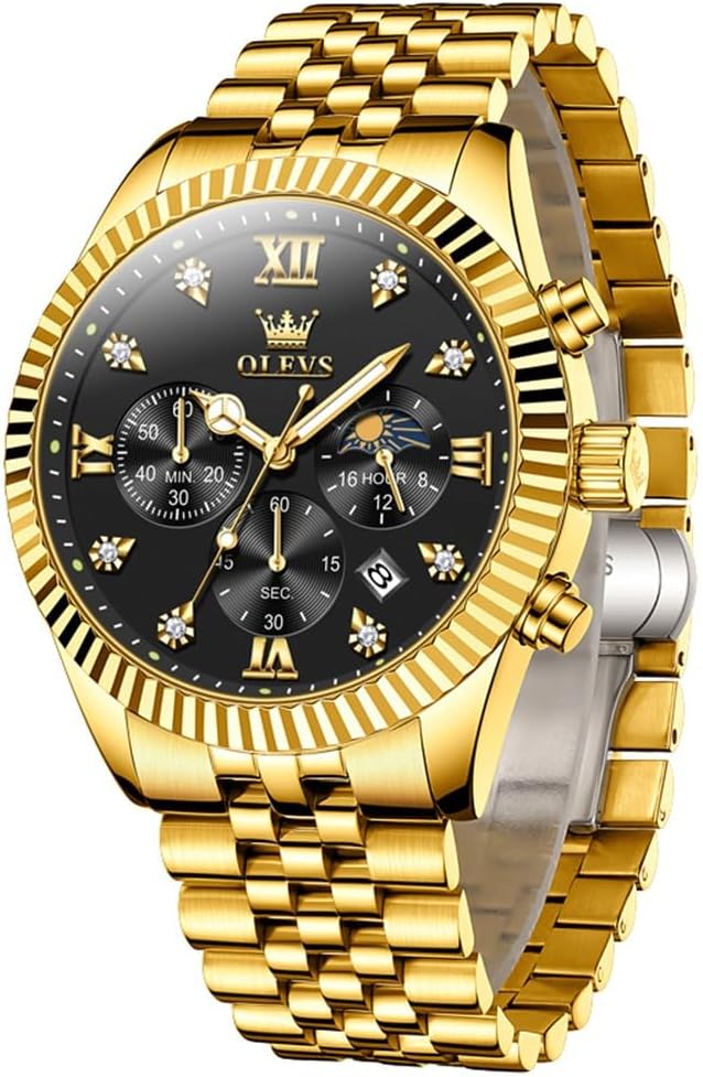 OLEVS Stainless Steel Chronograph Moon Phase Waterproof Quartz Watch
