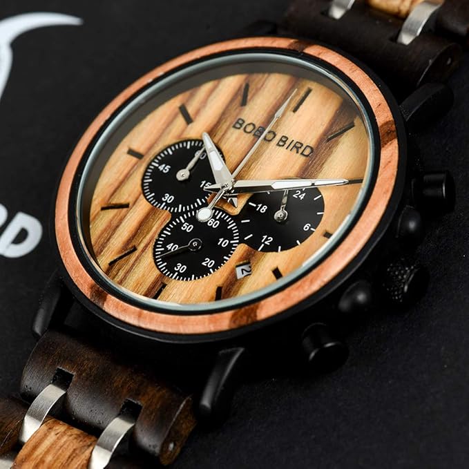 BOBO BIRD Men’s Wooden Watch – Ebony Wood & Stainless Steel Chronograph, Business Casual