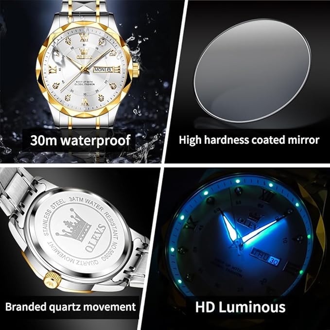 Olevs Men's Luxury Dress Watch: Stainless Steel, Waterproof, Day/Date, Diamond Accents