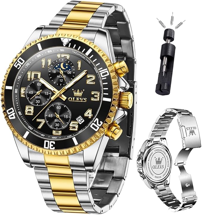 OLEVS Men’s Luxury Chronograph Watch – Moon Phase, Waterproof, Stainless Steel