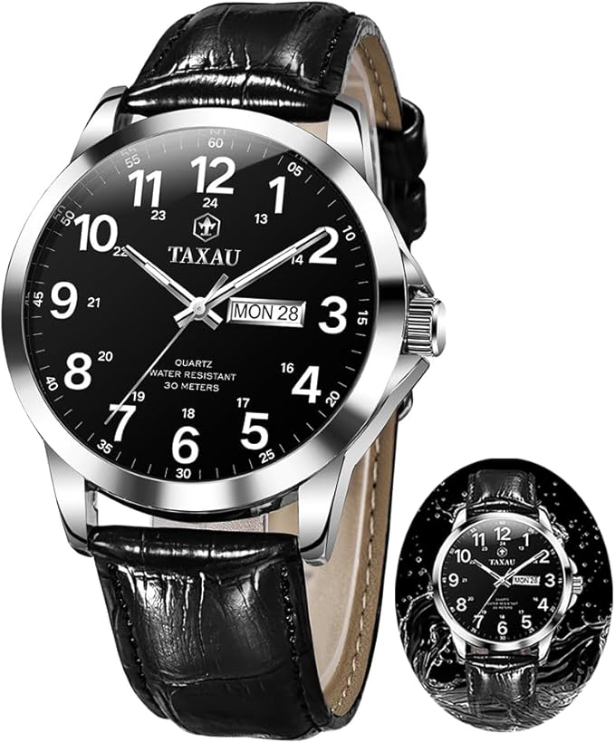 Men’s Luxury Leather Quartz Watch – Waterproof, Large Face, Date
