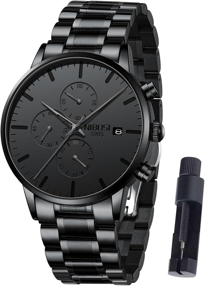 NIBOSI Men’s Chronograph Watch – Black Military, Stainless Steel, Calendar
