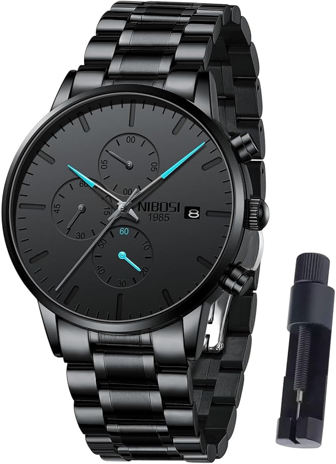 NIBOSI Men’s Chronograph Watch – Black Military, Stainless Steel, Calendar