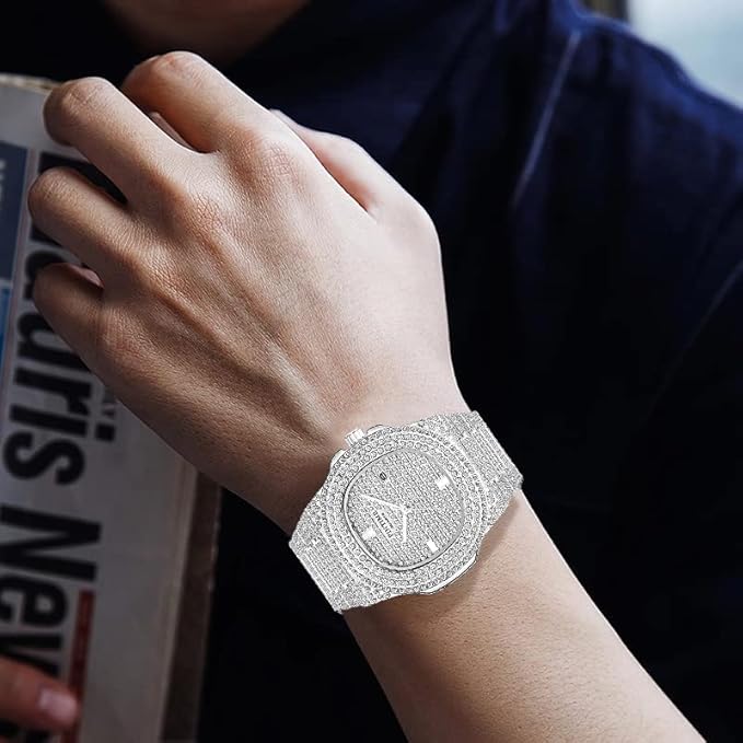Unisex Luxury Full Diamond Watch Silver Gold Quartz Analog Stainless Steel Bracelet