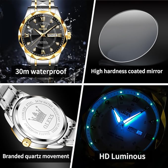 OLEVS Men’s Luxury Quartz Watch – Big Face, Stainless Steel, Day & Date