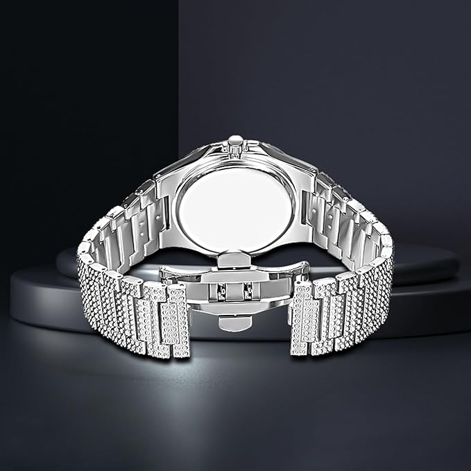 Unisex Luxury Full Diamond Watch Silver Gold Quartz Analog Stainless Steel Bracelet