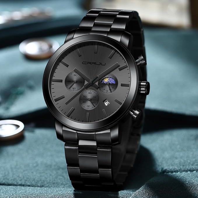 CRRJU Watches for Men Luxury Business Stainless Steel Waterproof Calendar Chronograph Analog Quartz Wristwatches