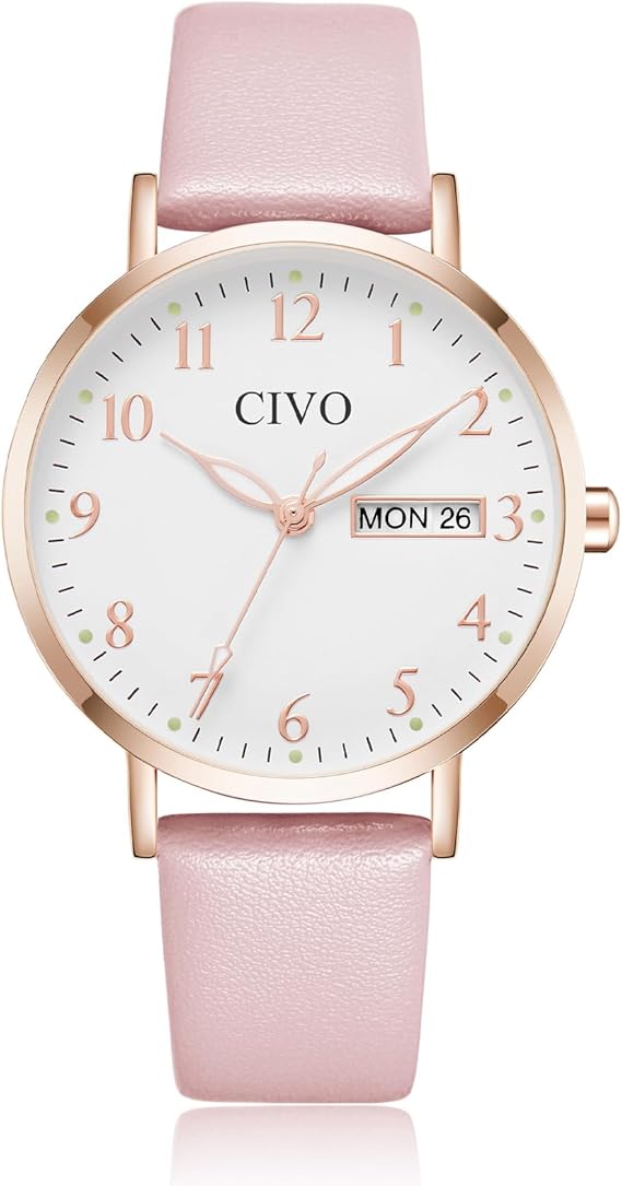 CIVO Women’s Leather Analog Watch – White, Waterproof, Elegant Fashion Wristwatch