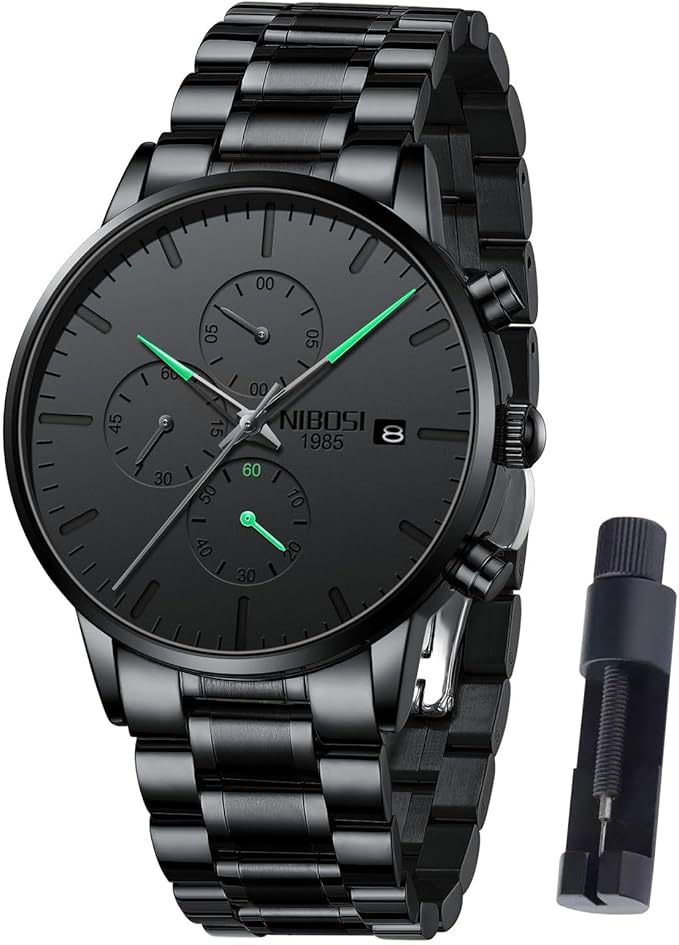 NIBOSI Men’s Chronograph Watch – Black Military, Stainless Steel, Calendar