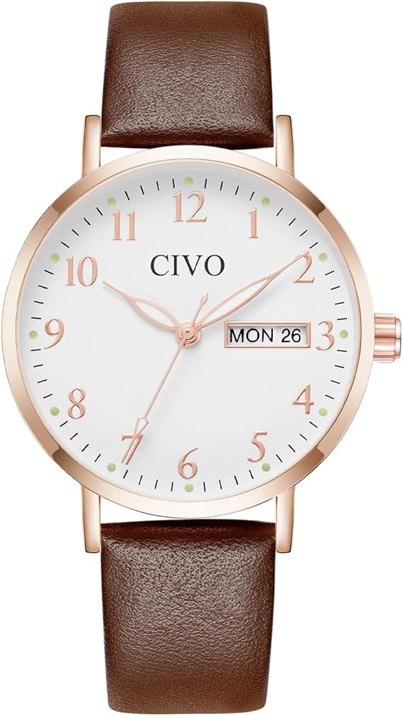 CIVO Women’s Leather Analog Watch – White, Waterproof, Elegant Fashion Wristwatch