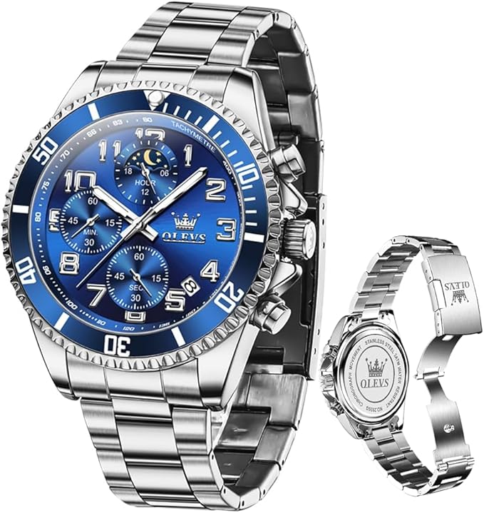 OLEVS Men’s Luxury Chronograph Watch – Moon Phase, Waterproof, Stainless Steel