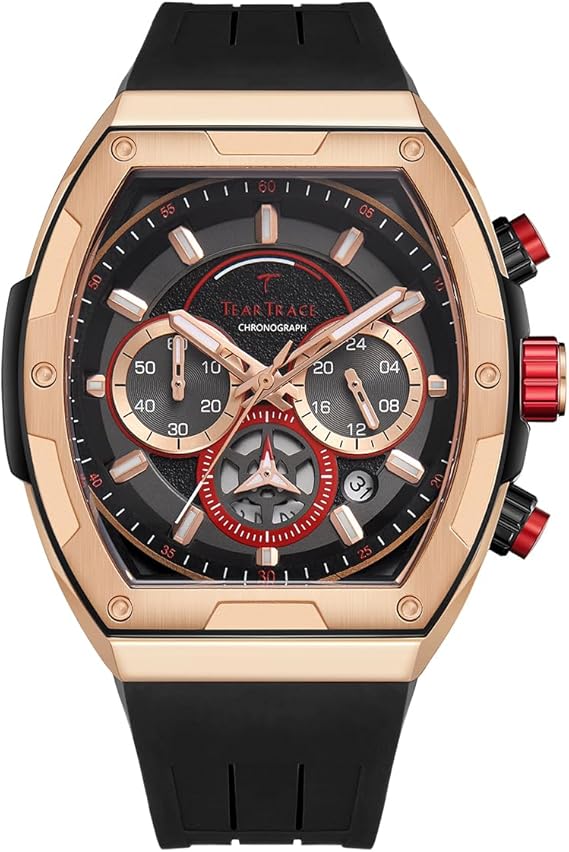 Men’s Sport Quartz Watch – Tonneau Case, Chronograph, Silicone Strap