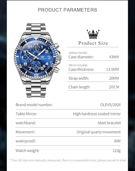 OLEVS Men’s Luxury Chronograph Watch – Moon Phase, Waterproof, Stainless Steel