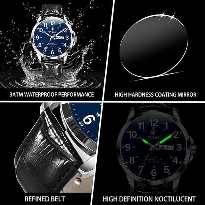 Men’s Luxury Leather Quartz Watch – Waterproof, Large Face, Date