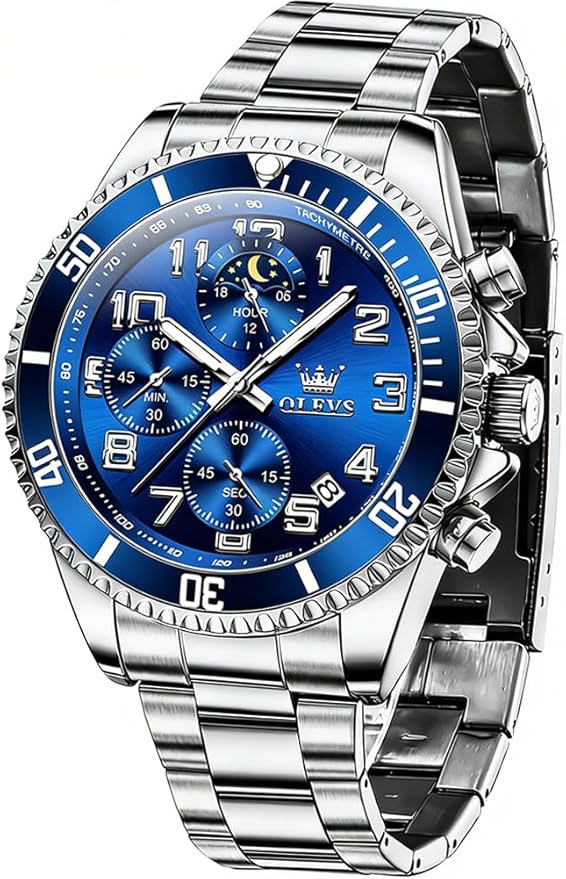 OLEVS Men’s Luxury Chronograph Watch – Moon Phase, Waterproof, Stainless Steel