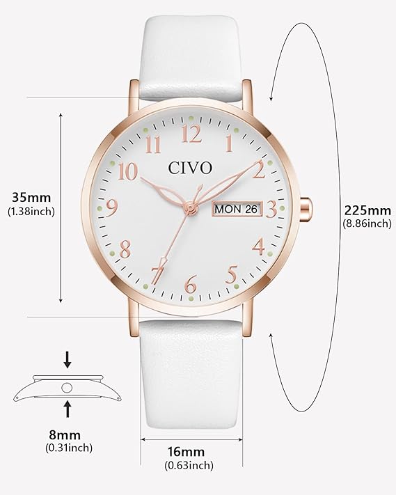 CIVO Women’s Leather Analog Watch – White, Waterproof, Elegant Fashion Wristwatch
