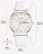 CIVO Women’s Leather Analog Watch – White, Waterproof, Elegant Fashion Wristwatch