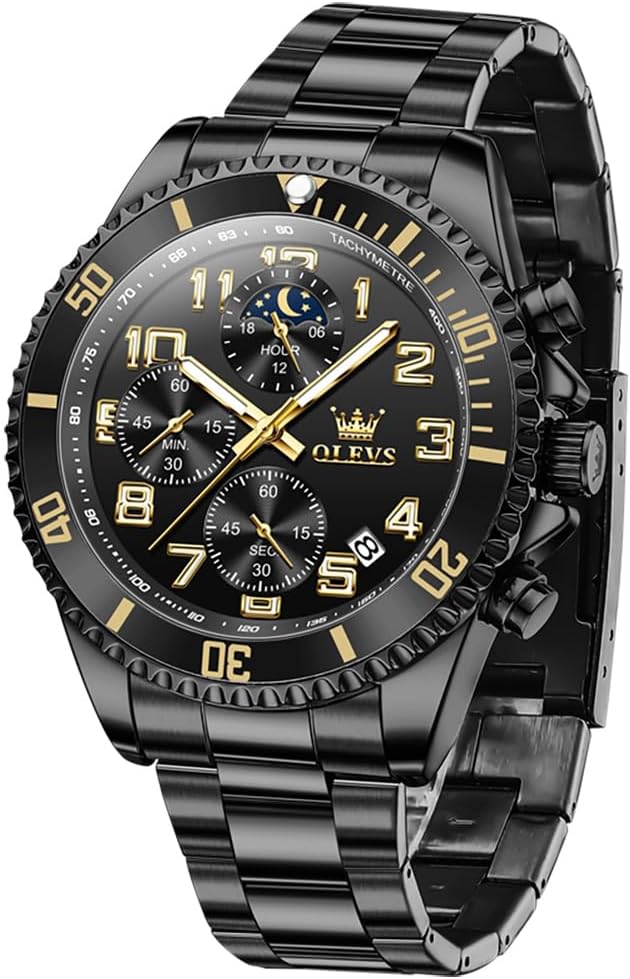 OLEVS Men’s Luxury Chronograph Watch – Moon Phase, Waterproof, Stainless Steel