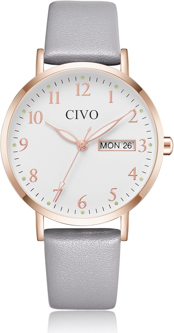 CIVO Women’s Leather Analog Watch – White, Waterproof, Elegant Fashion Wristwatch