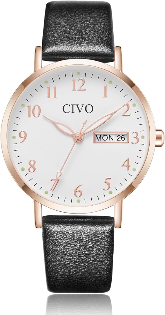 CIVO Women’s Leather Analog Watch – White, Waterproof, Elegant Fashion Wristwatch