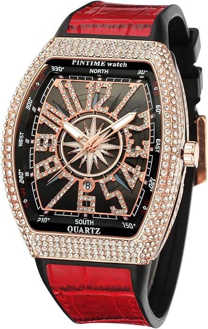 FANMIS Men’s Skull Big Face Watch – Punk Diamond Dial, Leather Strap