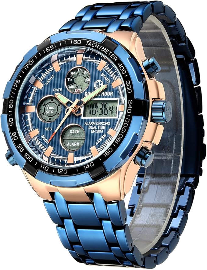 GOLDEN HOUR Men’s Analog-Digital Sport Watch – Stainless Steel, Waterproof