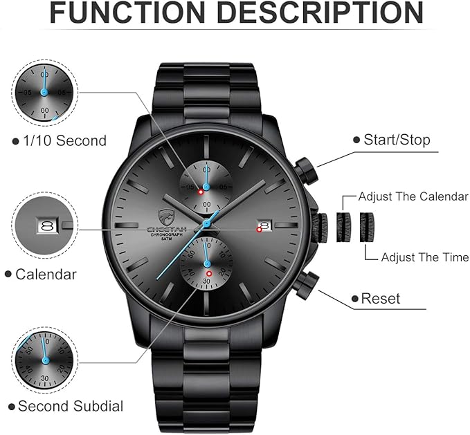GOLDEN HOUR Men’s Watch, Black Stainless Steel, Chronograph & Waterproof
