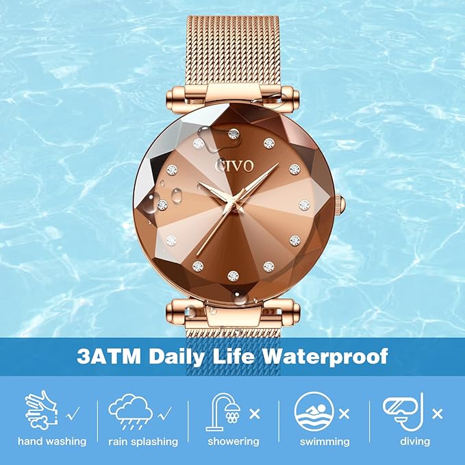 CIVO Women’s Analog Quartz Watch – Waterproof, Stainless Steel Mesh Strap, Diamond Dial